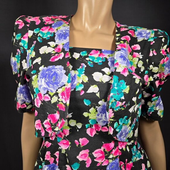 Vintage 80 Dark Floral Swing Dress With Bolero Jacket Size S Romantic Feminine - Picture 3 of 10
